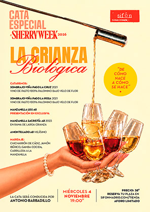 Sifón te propone 
CATA MARIDADA DE VINOS DE JEREZ, ESPECIAL SHERRY WEEK 2026: LA CRIANZA BIOLÓGICA.
Miércoles 4 de noviembre. 19h.