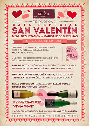 Sifón te propone
CATA ESPECIAL SAN VALENTÍN: menú degustación con maridaje de espumosos.
Miércoles 14 de febrero. 20h.
Precio: 30 €. Aforo limitado.